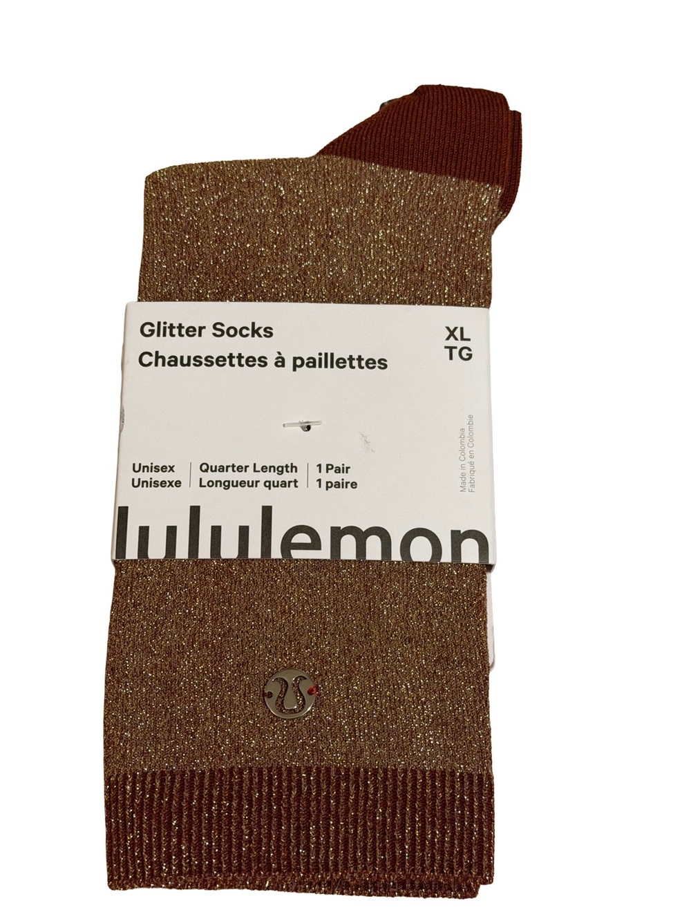 NWT lululemon Athletica Unisex Glitter Quarter-Length Socks in Metallic Brown XL